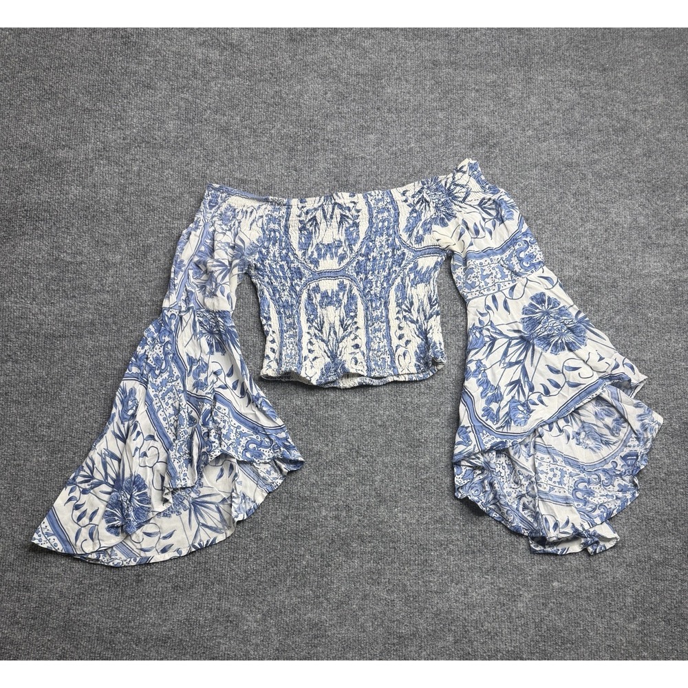 Womens Cropped Top Wide Angel Sleeves Smocked Blue Floral Boho Woodstock S